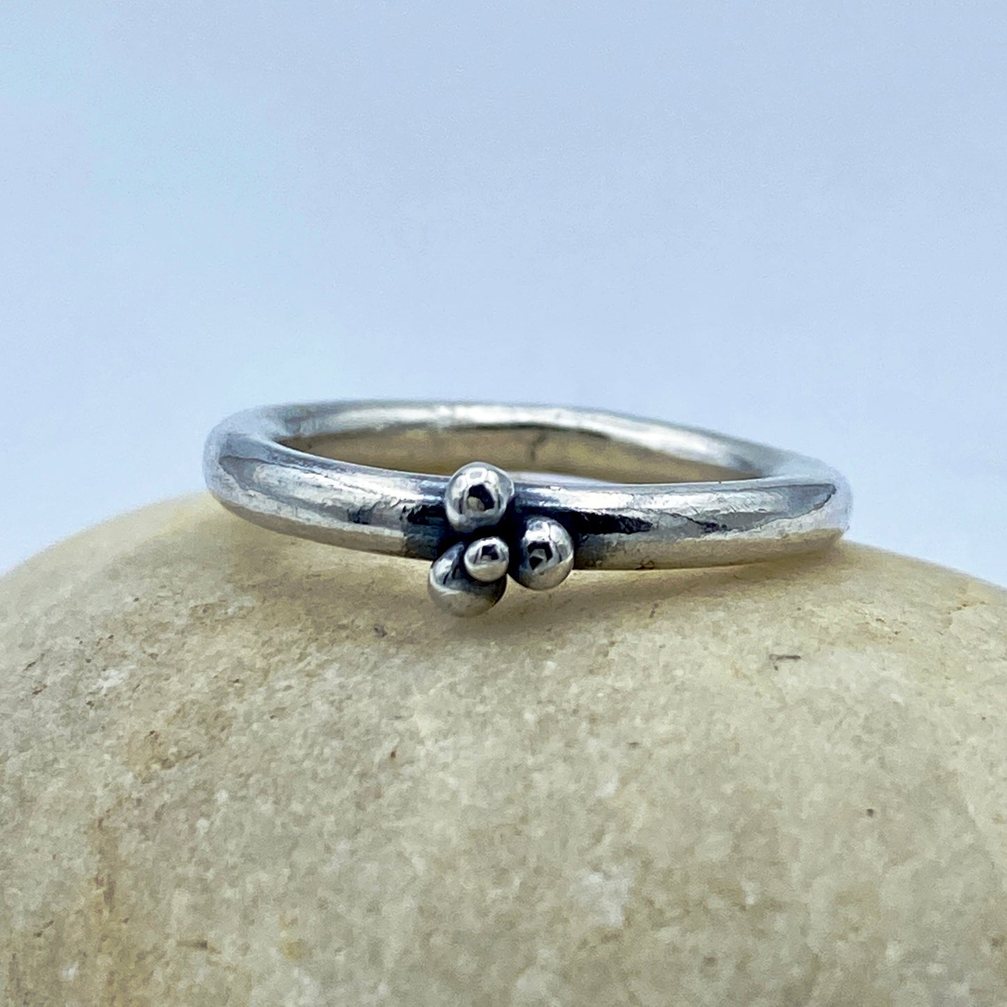 Simple sterling silver, round wire ring-Tiny Three Connected Dots Ring