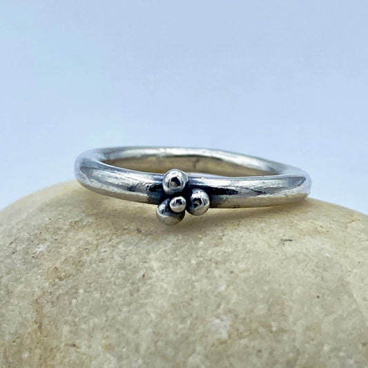 Simple sterling silver, round wire ring-Tiny Three Connected Dots Ring