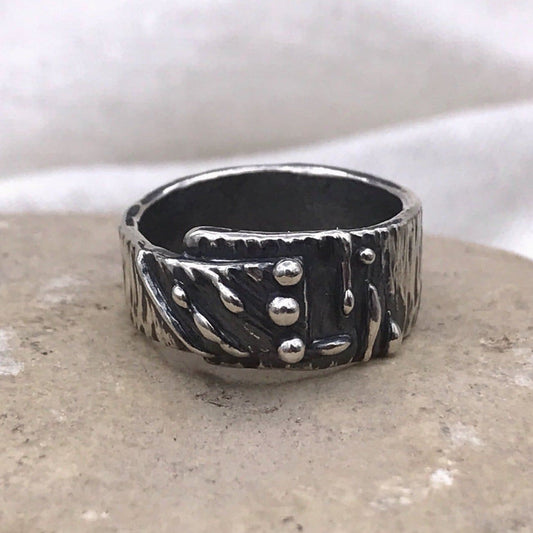 Asymmetrical Abstract Lines and Dots Sterling Silver Ring