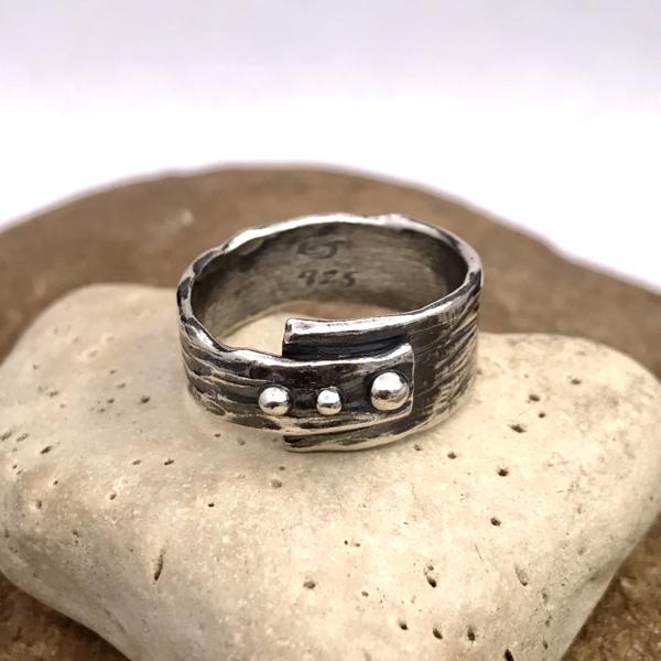 Asymmetrical Abstract Three Horizontal Dots Sterling Silver Ring with waxy bark like texture