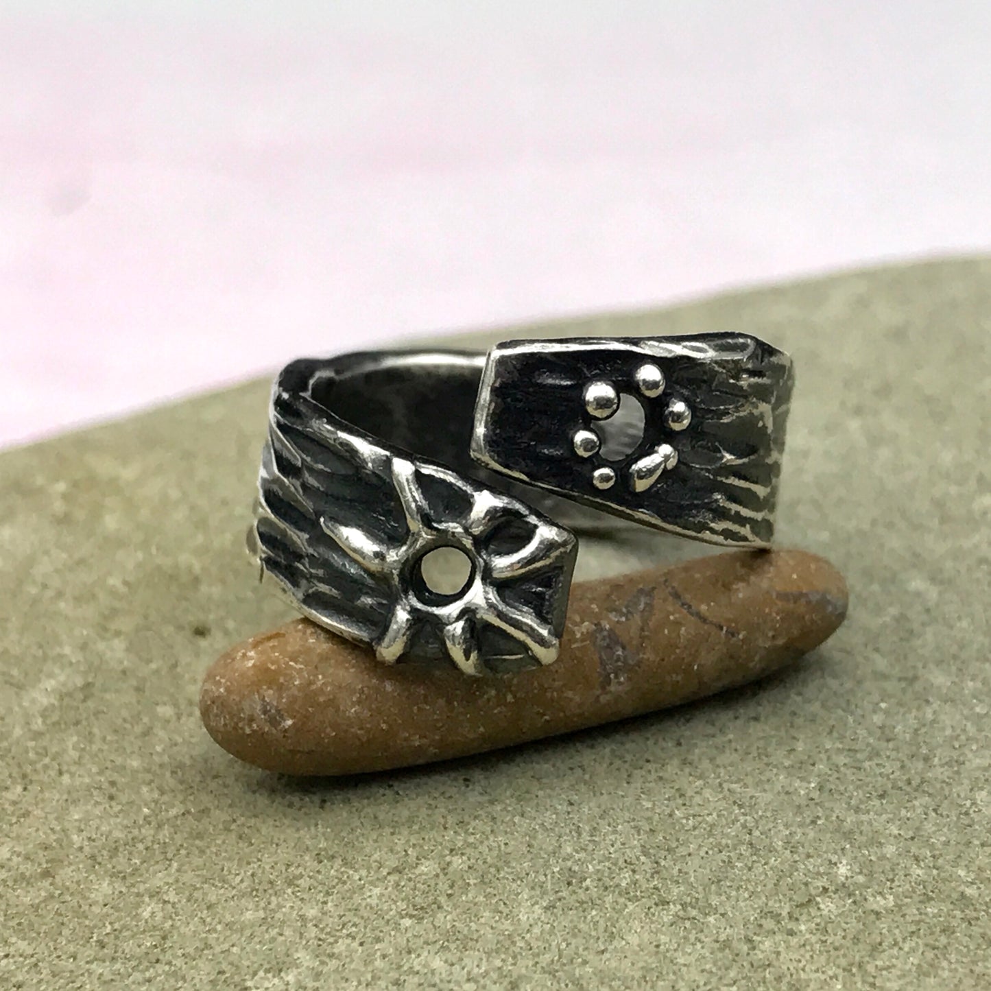 Open Ended Ancient Abstract Ring Sun & Flower- Sterling silver