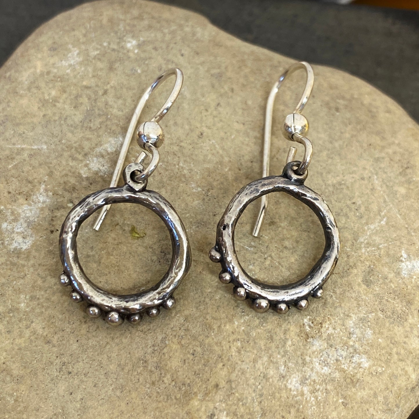 Organic open hoops with ball fringe earrings on French hooks- sterling silver, lost
