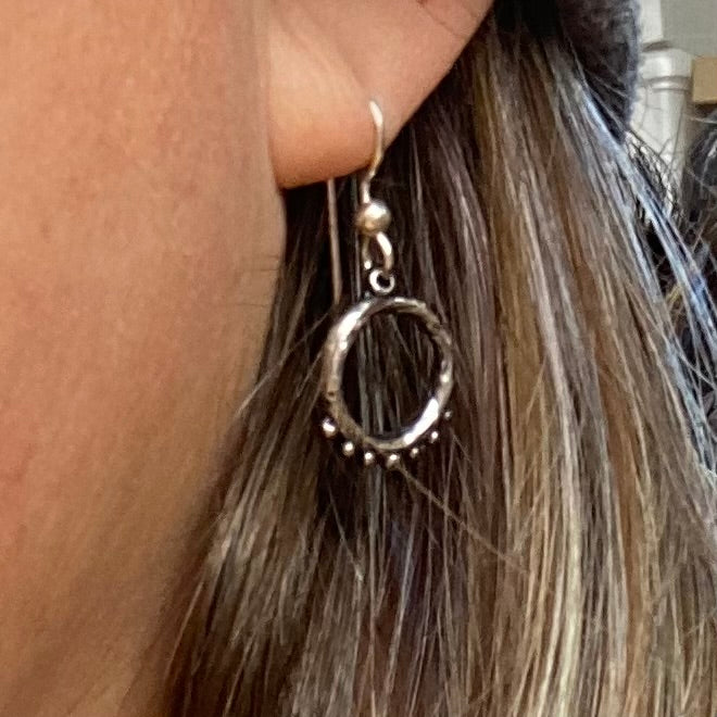 Organic open hoops with ball fringe earrings on French hooks- sterling silver, lost